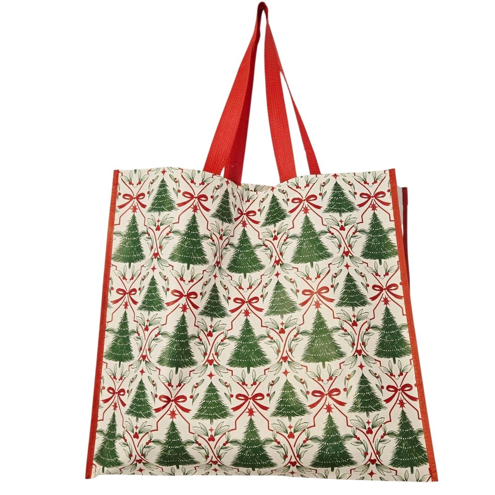 Christmas Trees Red Ribbons Bows Berries Stars Garland TJMaxx Tote Gift Bag New